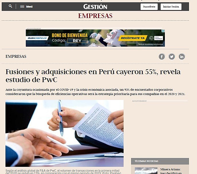 Fusiones y adquisiciones en Per cayeron 55%, revela estudio de PwC